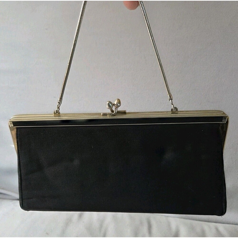 VNTG 50/60s Handbag Black Fabric Silver-tone Hardware W/Handle Evening Clutch